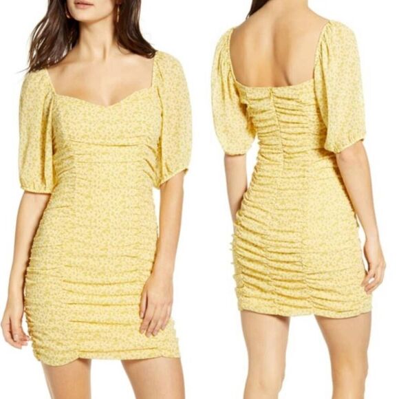All In Favor Yellow Floral Sasha Ruched Mini Dress Size XL - Picture 1 of 9